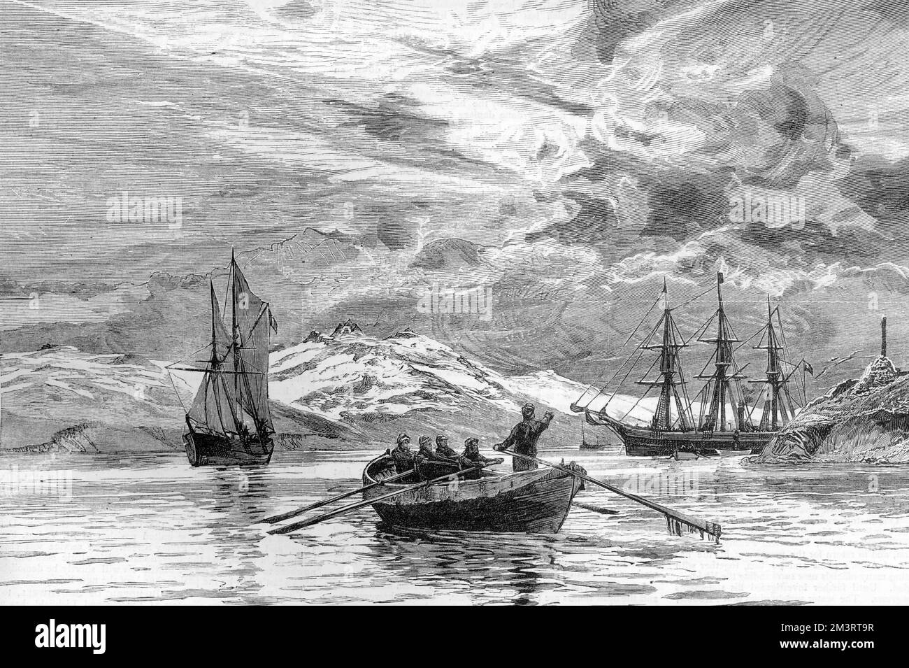 Engraving by W.L. Wyllie, featuring Benjamin Leigh Smith's fifth Arctic voyage 1881-82. Between 1871 and 1882, Leigh Smith undertook five major scientific expeditions to Svalbard and Franz Josef Land. In 1881, he and his crew survived for 10 months in Russian Franz Josef Land after their ship was crushed in the ice at Cape Flora, Northbrook Island. This plate shows The rescue of the 'Eira's' crew - the relied of the expedition by the 'Hope' - 3rd August 1882.  1882 Stock Photo