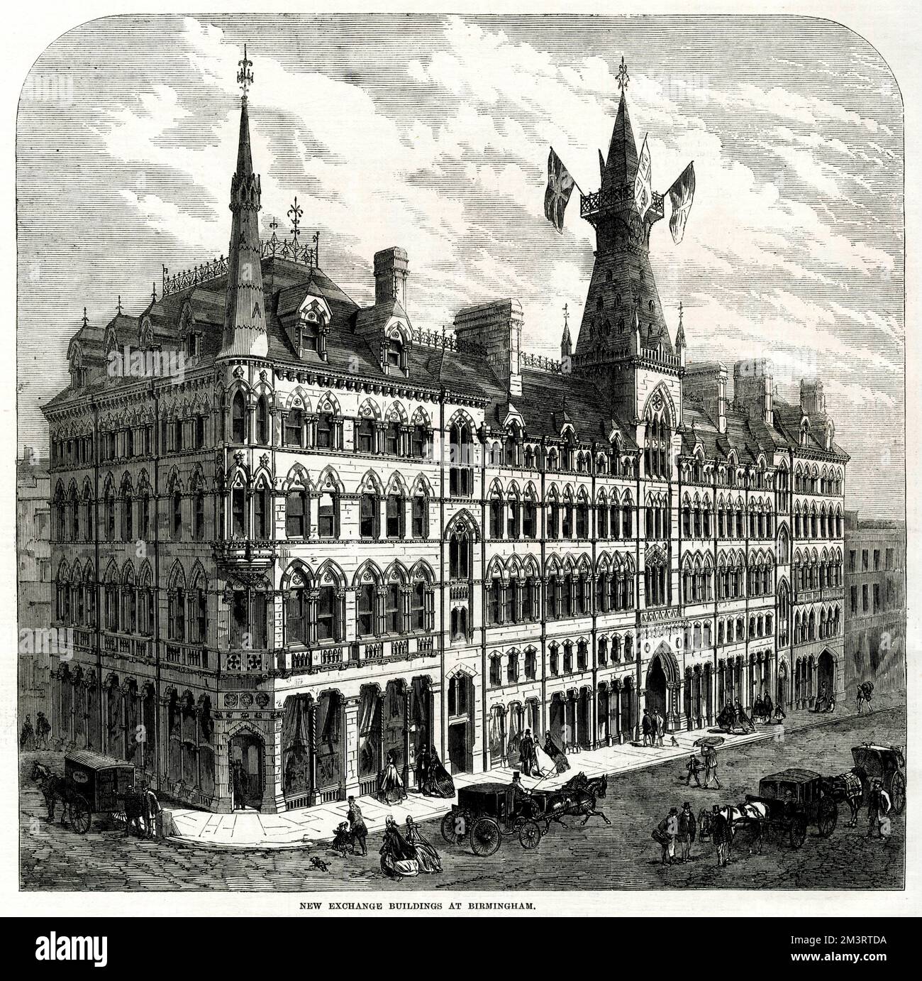 Exterior of the new stone Exchange Buildings in a Gothic style, at