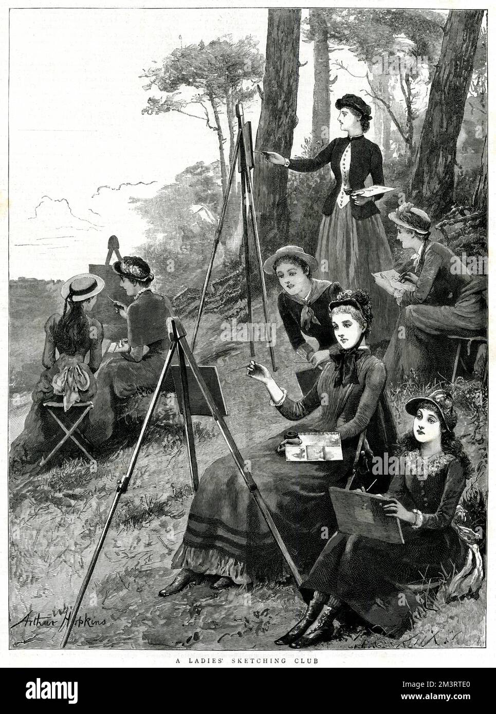 Group of women sketching the scenery on their easels.     Date: 1885 Stock Photo