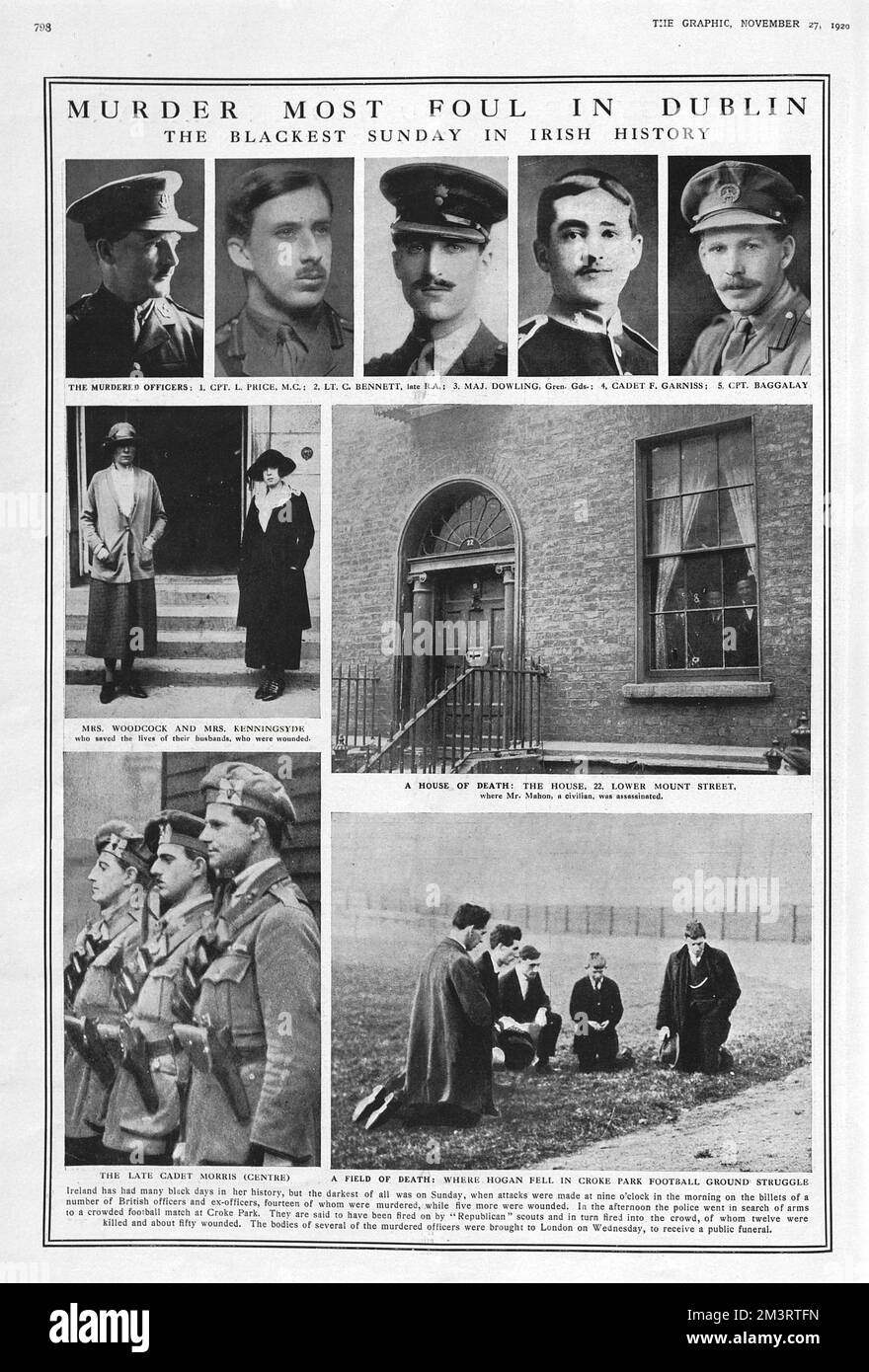 Bloody Sunday in Ireland - 20th November 1920 - portraits of murdered British officers (14 in total were killed). In the afternoon of the 20th, police went to Croke Park to search for arms at a crowded football match - having been fired upon by Republican scouts and returned fire into the crowd, killing 12 and injuring 50. The other images on the page show the Late Cadet Morris (lower left), the house on 22 Lower Mount Street where Mrs Mahon, a civilian, was murdered and Mrs Woodcock and Mrs Kenningsyde who saved the lives of their husbands who were injured.     Date: 1920 Stock Photo