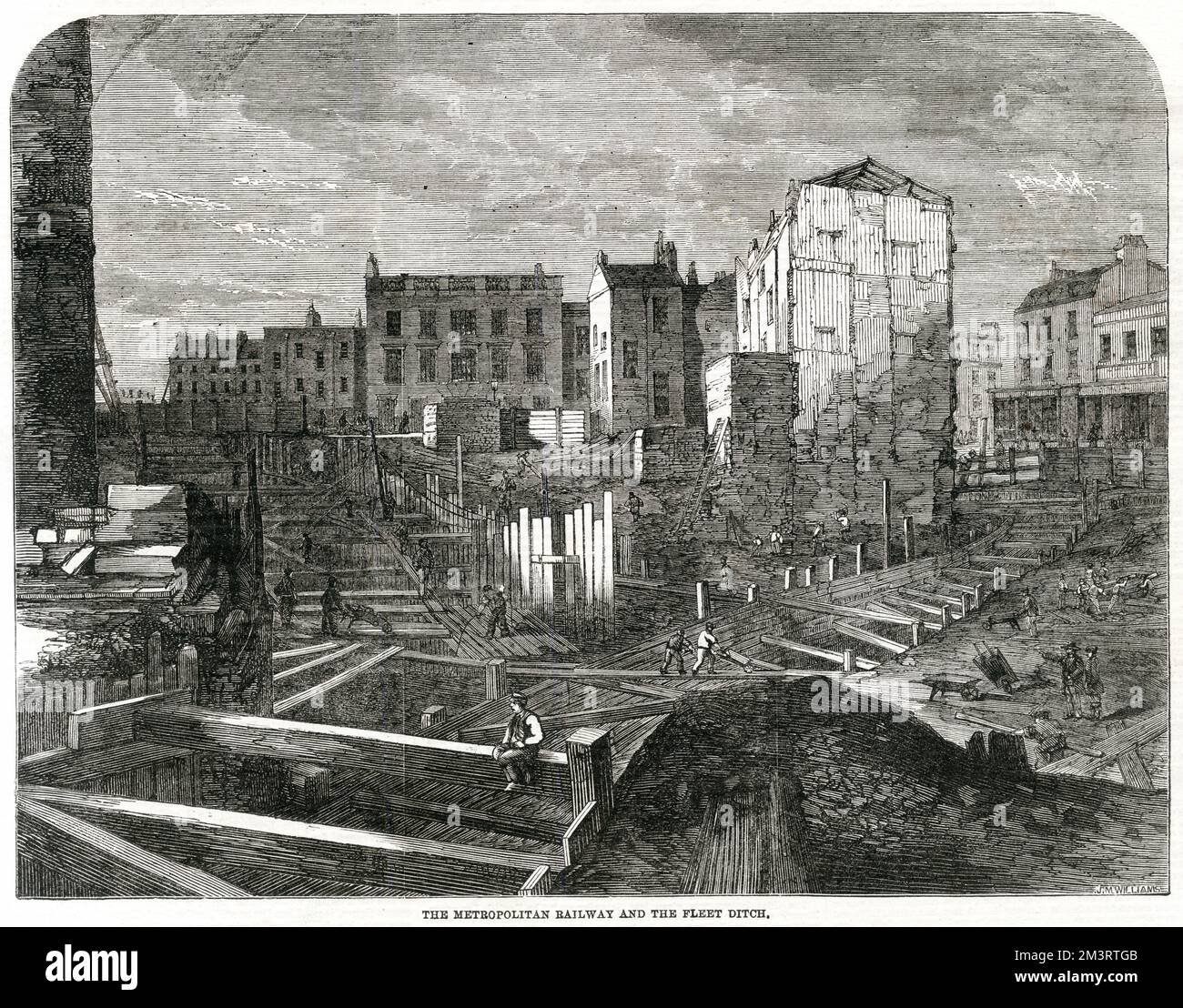 Engraving from the foot of Frederick Street, Gray's Inn Road, at its junction with Bagnigge Wells Road. of a portion of the works in progress for this vast undertaking.   1862 Stock Photo