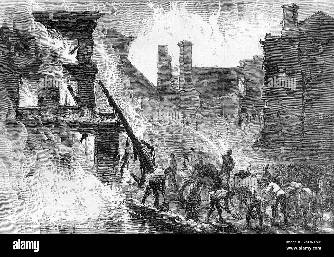 The Great Fire in Dublin: sappers cutting off the whisky flowing from Reid's malt-house and Malone's bonded warehouse in the Liberties area of the city where a fire broke out on the night of 18 June 1875.  According to the report in The Illustrated London News, a number of people died or were taken to hospital after scooping up the boiling hot whisky in hats and boots and then imbibing!  &quot;Two corn-porters, named Healy and McNulty, were found in a lane off Cork Street, lying insensible, with their boots off, which they had evidently used to collect the liquor.&quot;     Date: 1875 Stock Photo