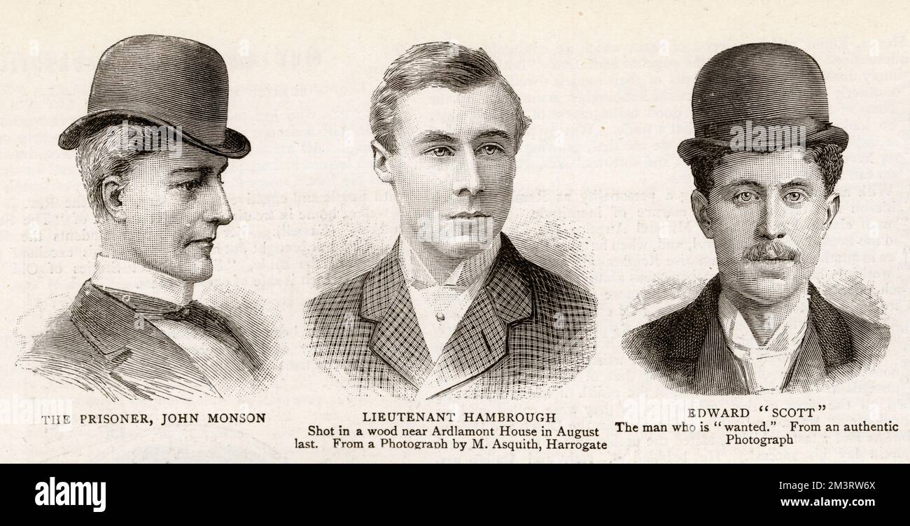 Three men involved with the Ardlamont murder, 1893. Left: The tutor John Monson. Centre: victim Lieutenant Hambrough, who was shot in the wood near Ardlamont House in August 1893. Right: Edward Scott,accomplice to Monson, who was on the run at the time of publication.  1893 Stock Photo