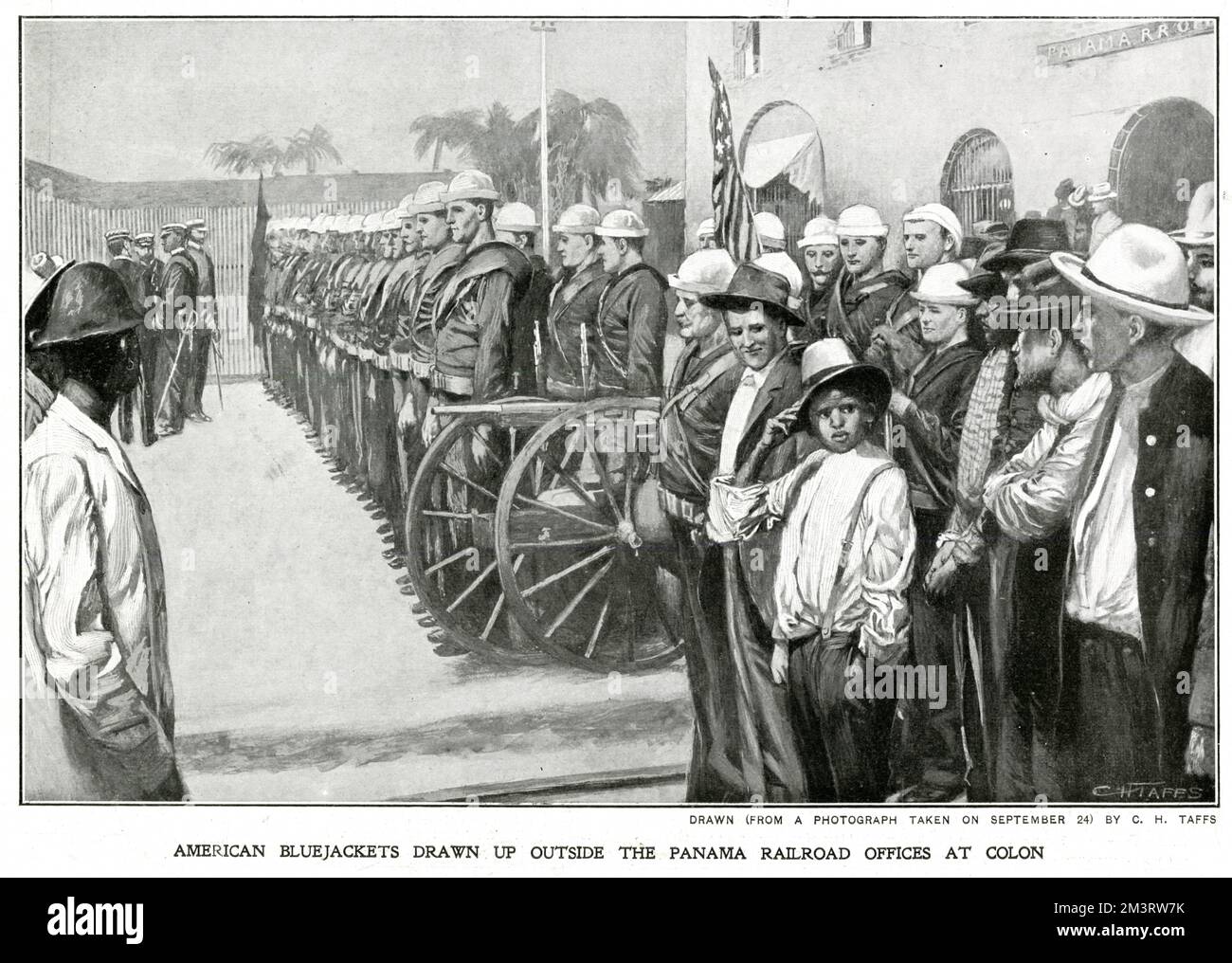 On 3rd November 1903, American forces prevented Colombian troops from travelling from Colon to suppress a rebellion occurring in Panama City by standing in front of the train station.This was to ensure their interests in the Panama Canal, US president Roosevelt and French financiers conspired to support the separation of Panama from Columbia in order to secure the construction and access to the canal.     Date: 1903 Stock Photo