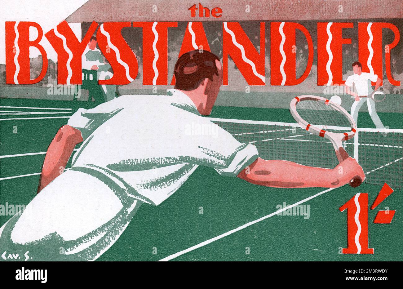 Bystander masthead design with a dynamic illustration of a men's tennis match in progress, reflecting that the 24 June 1931 is their special Wimbledon number.      Date: 1931 Stock Photo