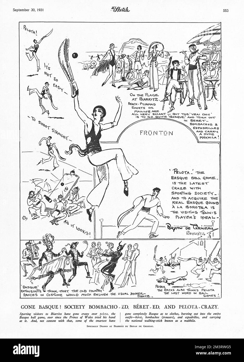 Sketches recording life in Biarritz as pictured by the artist Bryan de Grineau in 1931.  Holidaymakers are trying out the Basque sport of pelota - wearing a beret of course, while sunbathing is de rigeur and a costume ball keeps things interesting.       Date: Stock Photo