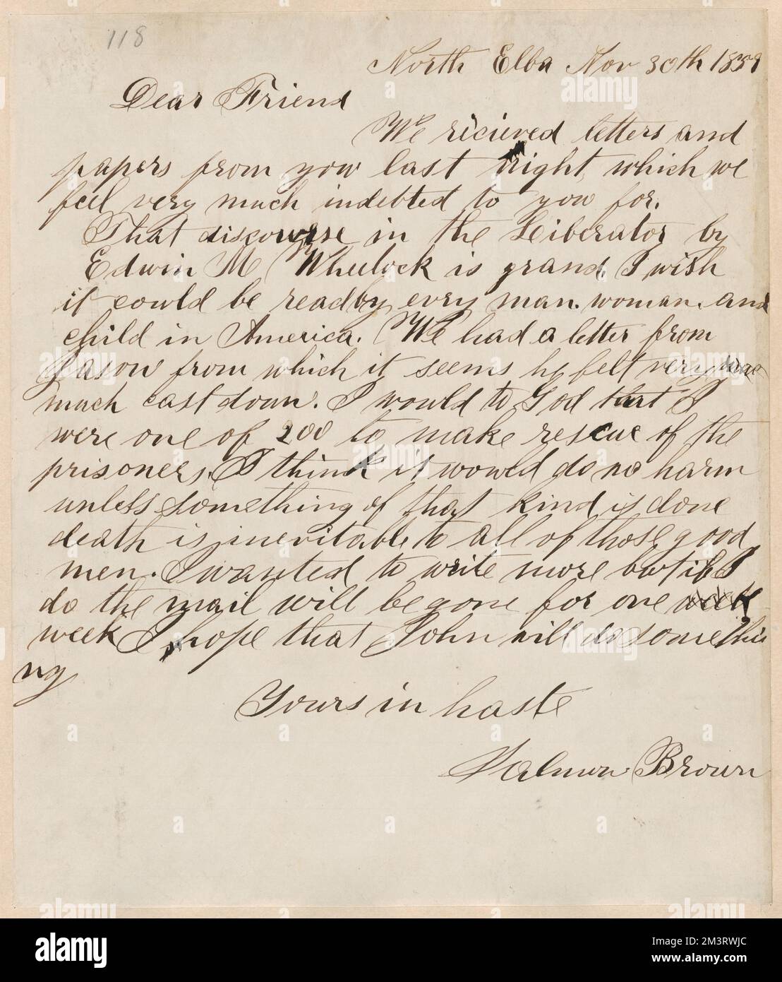 Salmon Brown autograph letter signed to [Thomas Wentworth Higginson], North Elba, [N.Y.], 30 November 1859 , Abolitionists, United States, Antislavery movements, United States, History, 19th century, Harpers Ferry W. Va., History, John Brown's Raid, 1859, Wheelock, Edwin M. Edwin Miller, 1829-1901. John Brown- Correspondence relating to John Brown and the raid on Harpers Ferry Stock Photo