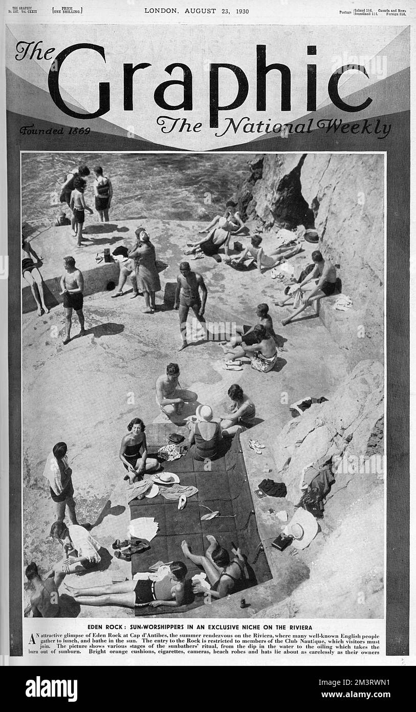 Sun worshippers at Eden Roc at Cap D'Antibes on the French Riviera.  A favourite rendezvous of wealthy Brits during the inter-war years when tanning became ultra-fashionable.  1930 Stock Photo