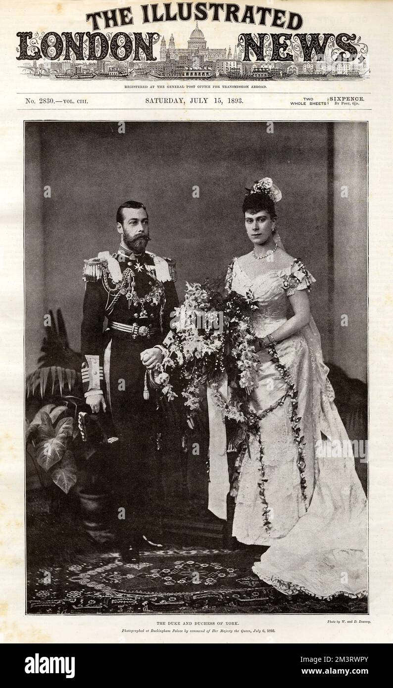 Prince George (later King George V) and Princess Mary of Teck on their wedding day, 6th July 1893. The Duke and Duchess of York, as they were known, were married at St James's Palace. The Duke wore naval uniform with the Collar of the Order of the Garter. His bride wore a dress of rich white satin brocaded with silver and trimmed with Honiton lace and orange blossom. She carried a large bouquet of white flowers including roses, orchids and orange blossom.  6th July 1893 Stock Photo