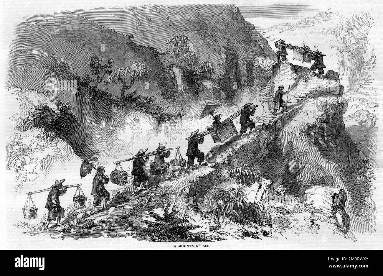 Ascending a mountain in China, with coolies expertly assisting the visitors, carrying them along in bamboo chairs.  1859 Stock Photo