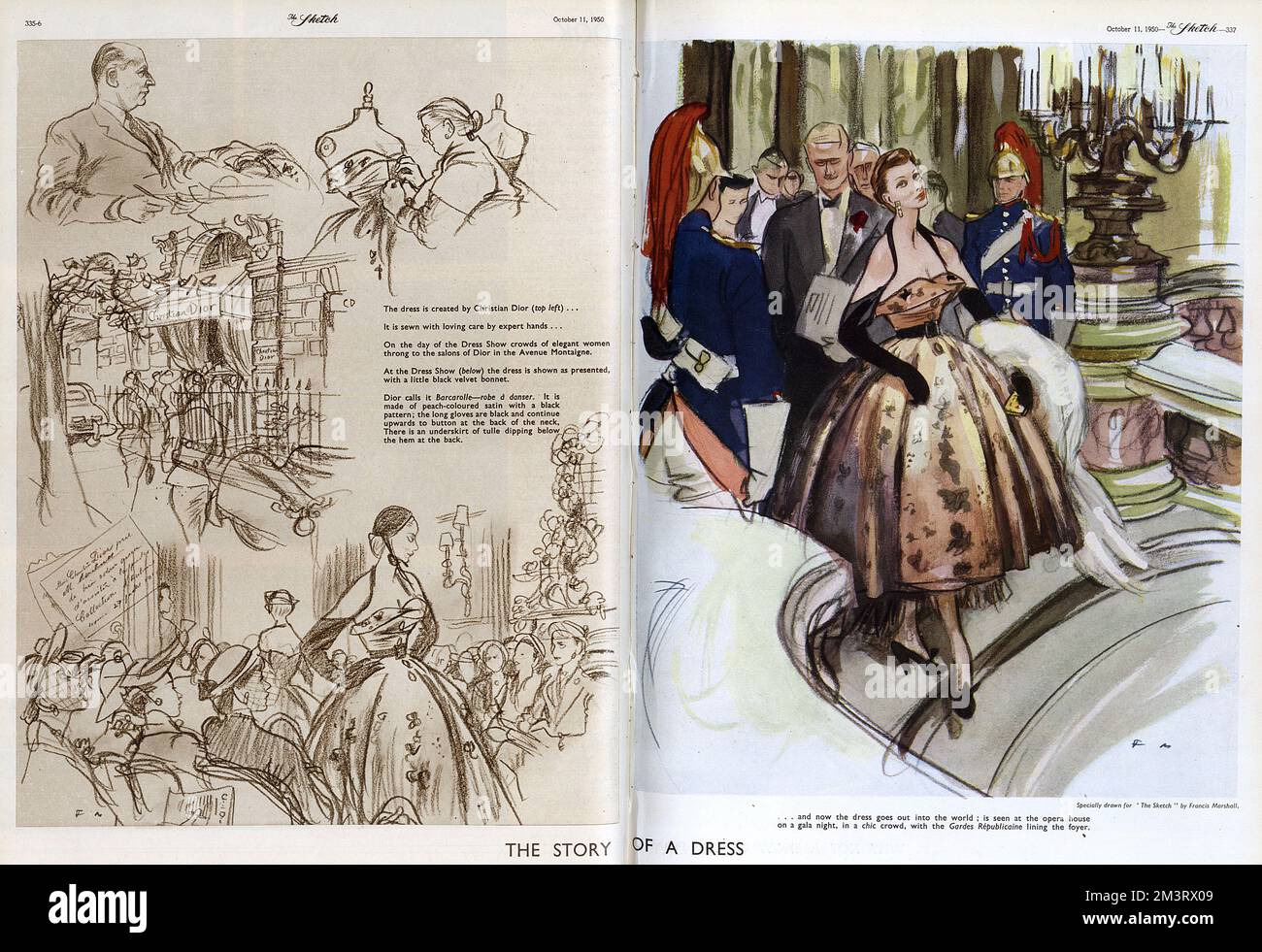 Double page spread from The Sketch drawn by Francis Marshall documenting the different stages of a Christian Dior dress.  Top left the dress is designed by Dior himself while top right shows a seamstress at work.  Left picture (middle) depicts dress show crowds arriving at the salons of Dior at the Avenue Montaigne in Paris and below potential buyers and customers watch mannequins wearing a 'Barcarolle - robe a danser' made of peach coloured satin with a black pattern.  Worn with black gloves that button up behind the neck.  The underskirt of tulle dips below the hem at the back of the skirt Stock Photo