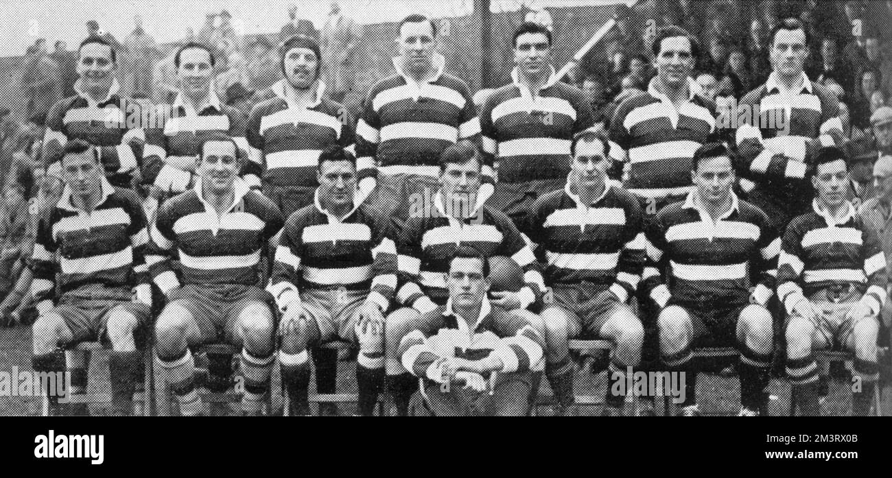 The Waterloo XV rugby team pictured in 1950.  Standing, G. Davis, J. Tanner, D.A. Breese, L. Thompson, J. Bartlett, I. Stempton, J. Hurst.  Sitting, R. Cottom, E. Bole, G. Rimmer, Richard Uren, W. Cartmell, E. Marsden, J. Hill.  On ground: G. Hurst     Date: 1950 Stock Photo