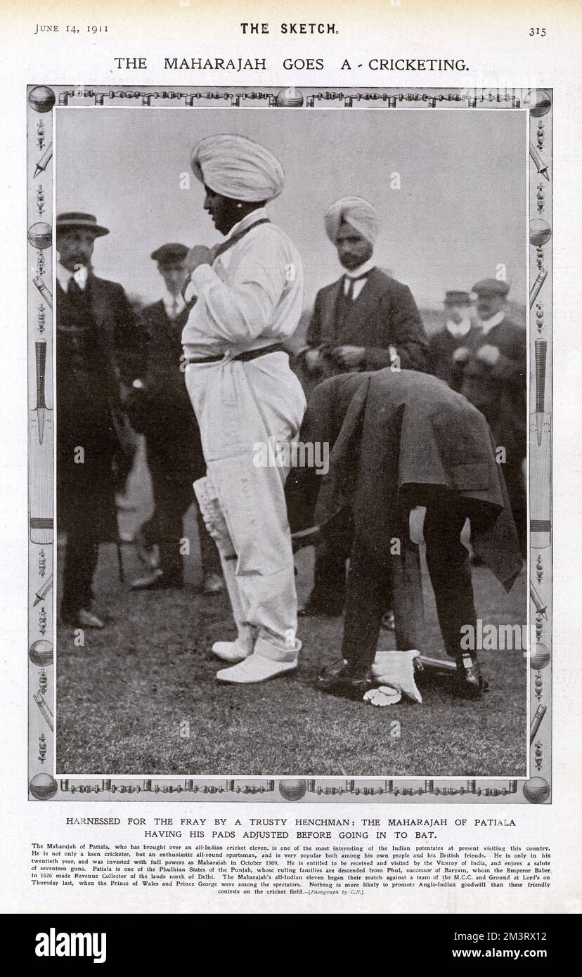 The Maharajah of Patiala having his pads adjusted before going in to bat.     Date: 1911 Stock Photo