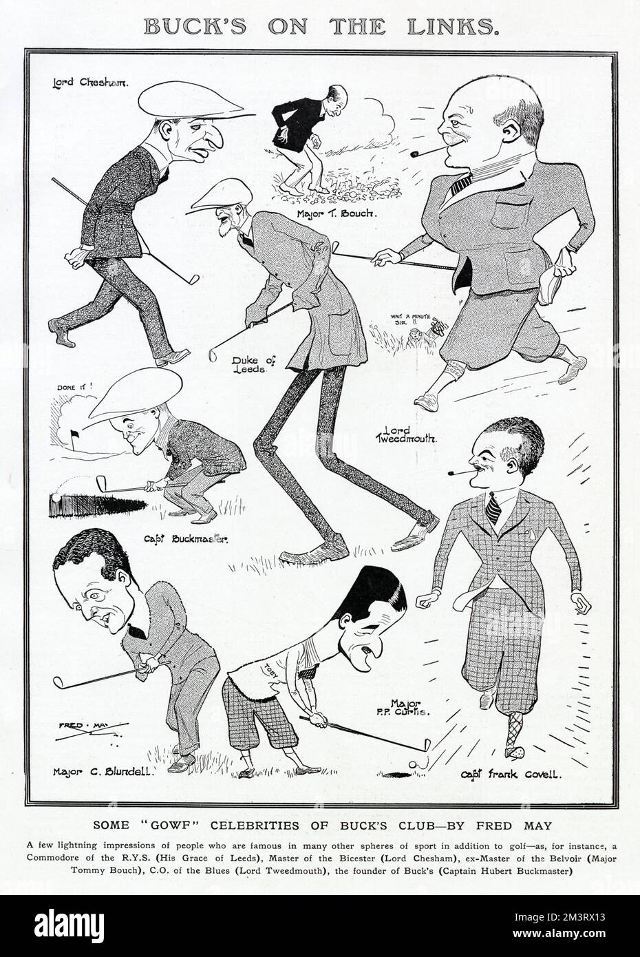 Some celebrities of Buck's Club playing golf caricatured by Fred May in The Tatler.  Includes the Duke of Leeds, Lord Chesham, Major Tommy Bouch, Lord Tweedmouth and Captain Hubert Buckmaster. Stock Photo