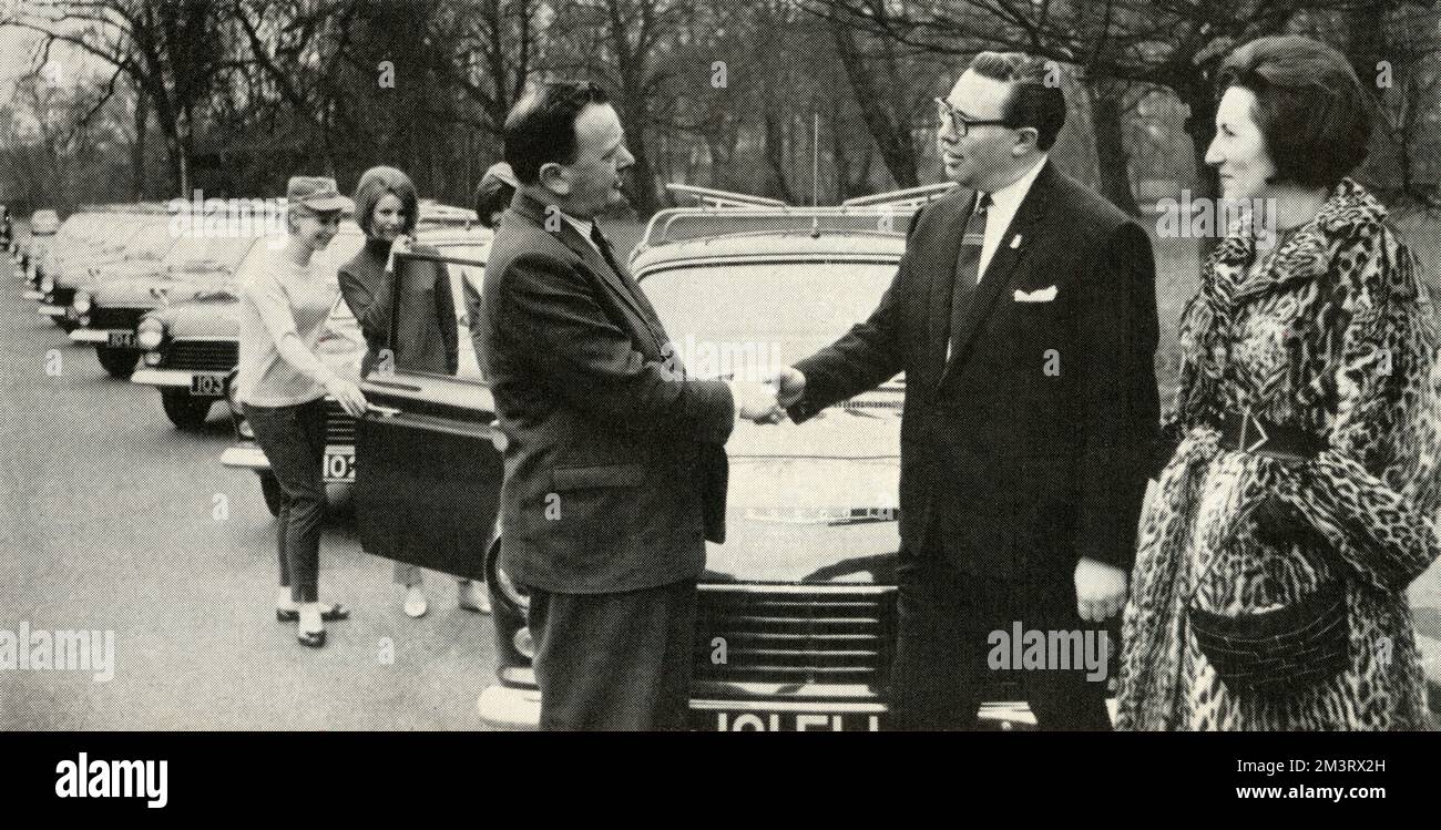 Mr Sidney Goldberg, the Managing Director of Welbeck Minicabs of London, accepts the first of his new fleet of 300 Ford Cortinas.  1963 Stock Photo