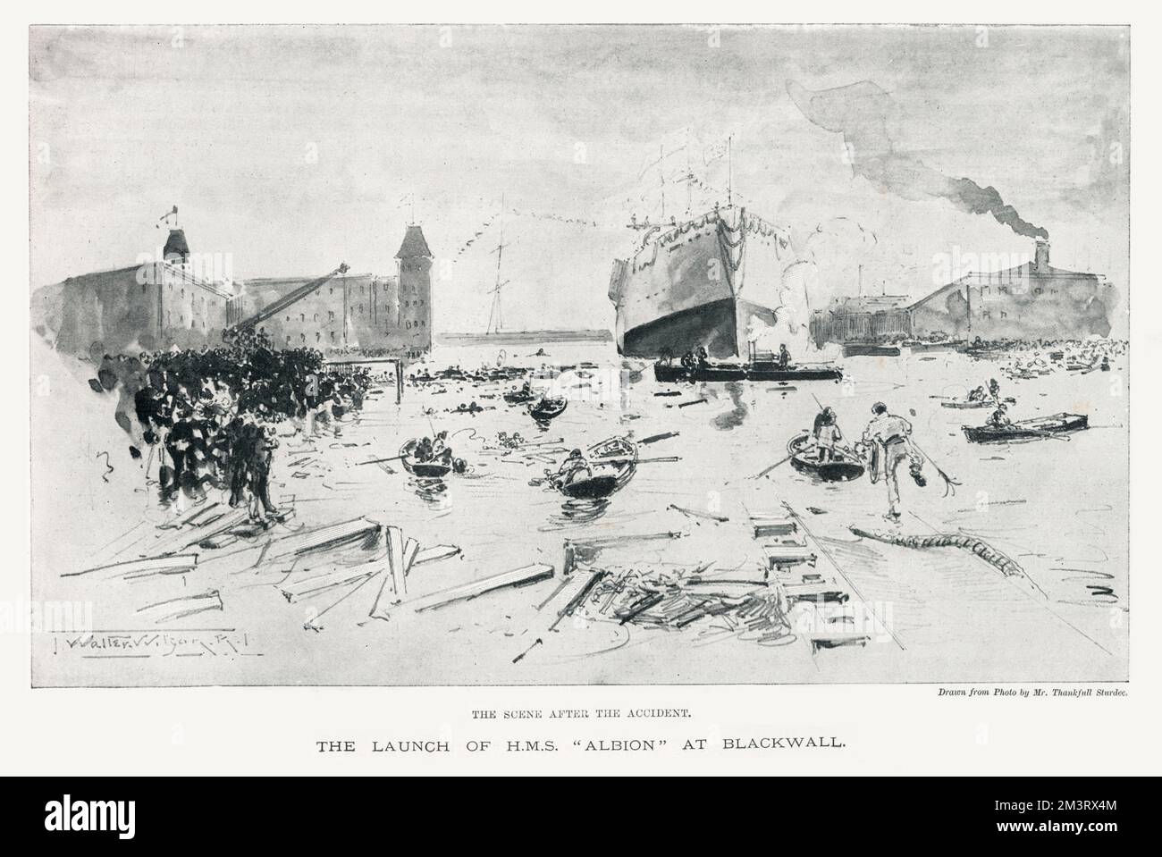 Scene after the Accident - launch of HMS Albion at Blackwall Stock Photo