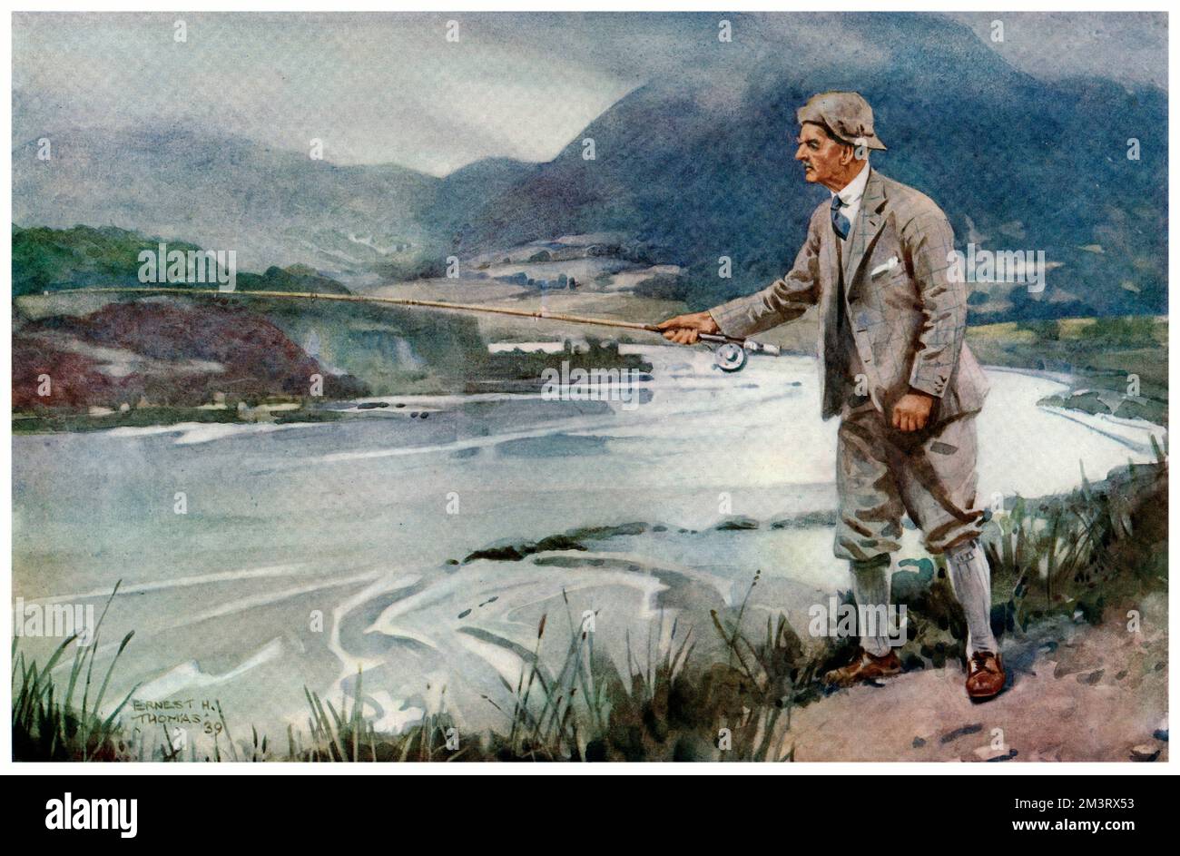 Prime Minister, The Right Hon. Neville Chamberlain engaged in his favourite pastime of fly fishing.  The artist, Ernest H. Thomas, who specialised in picturing famous people engaged in their favourite hobbies, was brother of the war poet, Edward Thomas.      Date: 1939 Stock Photo