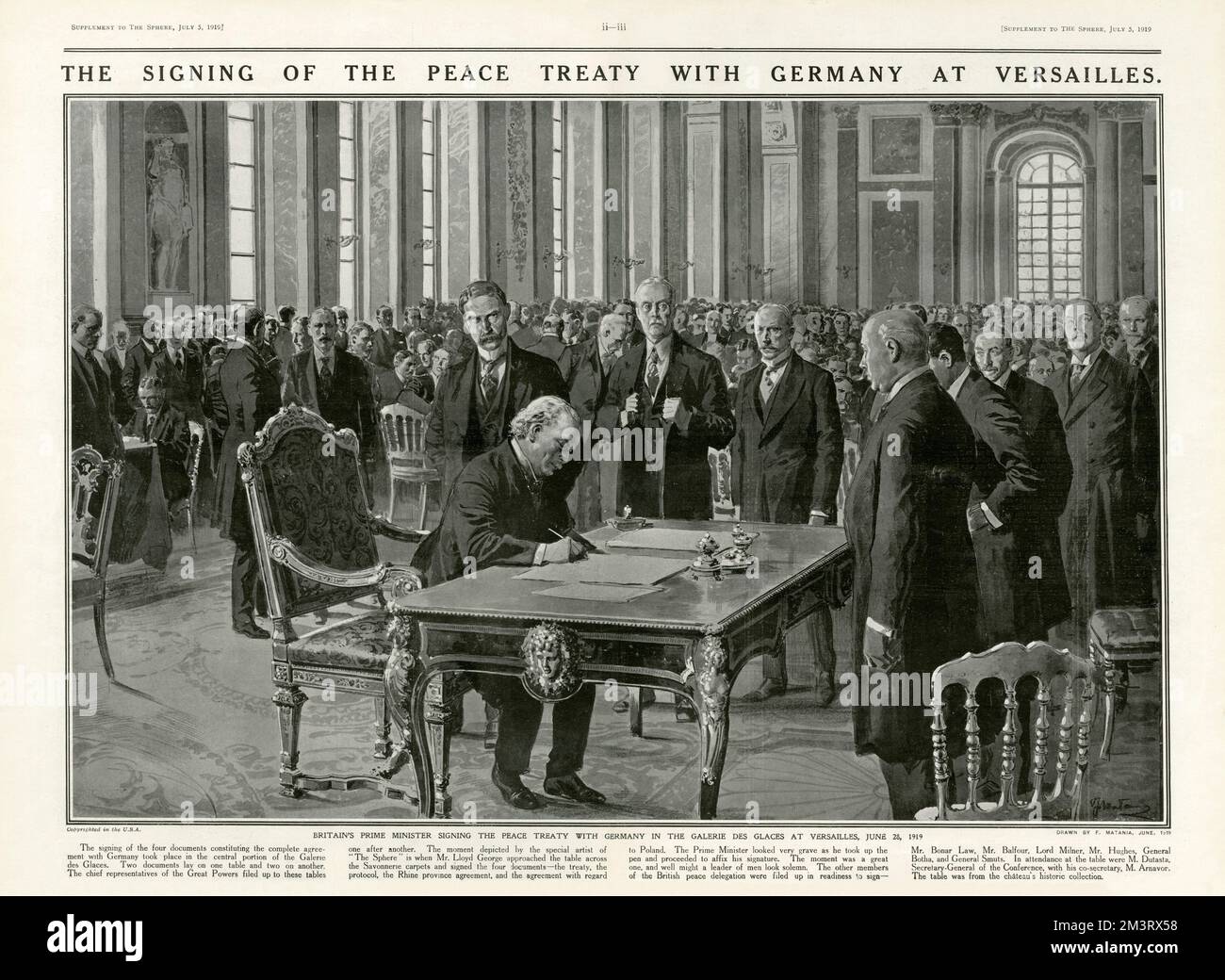 The Signing of the Peace Treaty with Germany at Versailles.  Britain's Prime Minister signing the peace treaty with Germany in the Galerie des Glaces at Versailles, June 28, 1919.  British Prime Minister David Lloyd George is pictured seated and signing the documents, while the chief representatives of the Great Powers  file up to the table.  Just behind Lloyd George, from left, Andrew Bonar Law, Arthur Balfour, Lord Milner, Billy Hughes, Australian Prime Minister, General Botha, and General Smuts.  Also in attendance were M. Dutasta, Secretary-General of the Conference with his co-secretary, Stock Photo