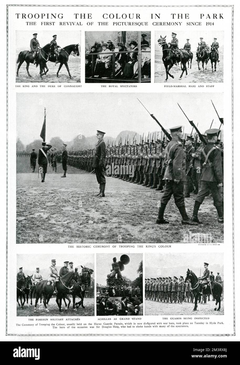 Trooping the Colour in Hyde Park. The first revival of the picturesque ceremony since 1914. The ceremony was usually held on Horse Guards Parade but it was disfigured with war huts. The hero of the occasion was Sir Douglas Haig, who had to shake hands with many of the spectators.      Date: 3rd June 1919 Stock Photo