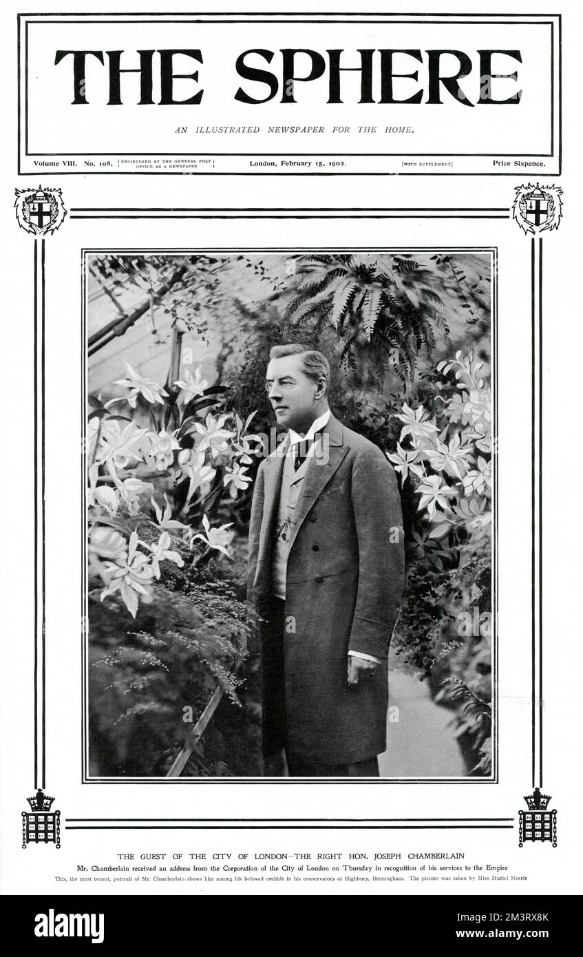 Joseph Chamberlain among his orchids in his conservatory at Highbury, Birmingham. Cover of The Sphere, 15th February 1902     Date: 1902 Stock Photo