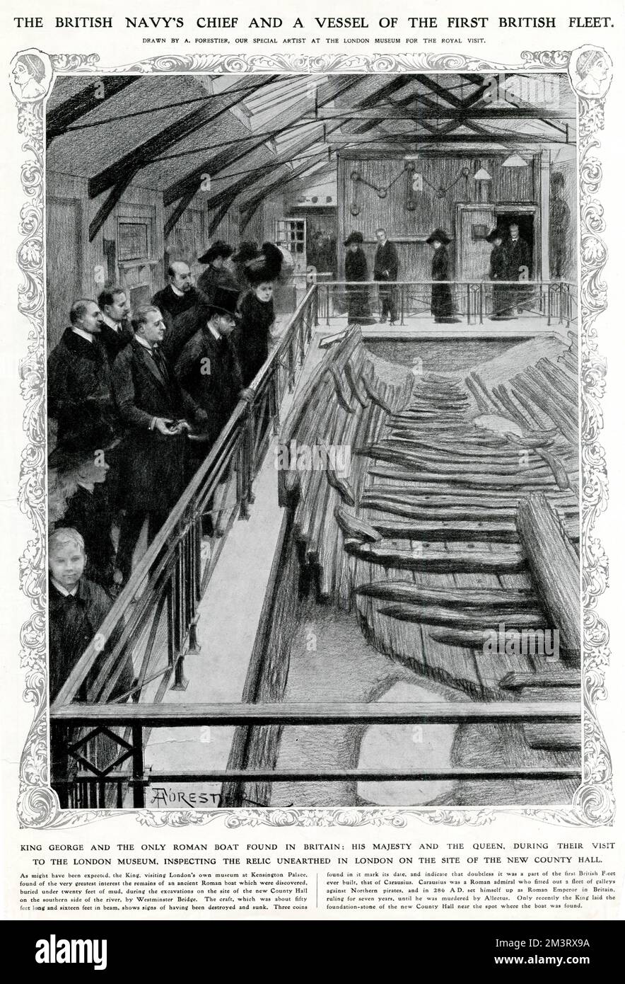 George V and Queen Mary inspecting the only Roman boat to be found in Britain during a visit to the London Museum.  The galley was unearthed in London on the site of the new County Hall.  The craft, which was about fifty feet long and sixteen feet wide, showed signs of having been destroyed or sunk.  Three coins found in it indicated it was from the time of Carausius, a Roman admiral who set himself as Roman Emperor of Britain in 286 A.D. ruling for seven years.      Date: 1912 Stock Photo