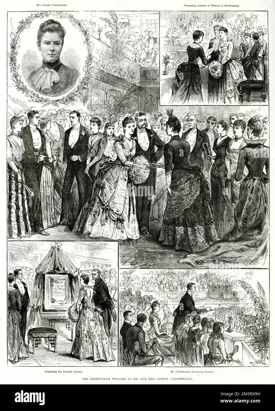 The Birmingham welcome to Mr and Mrs Joseph Chamberlain on the occasion of Chamberlain returning to his home city with his American wife Mary Crowninshield Endicott, after meeting her while leading a delegration to the United States.     Date: 1889 Stock Photo
