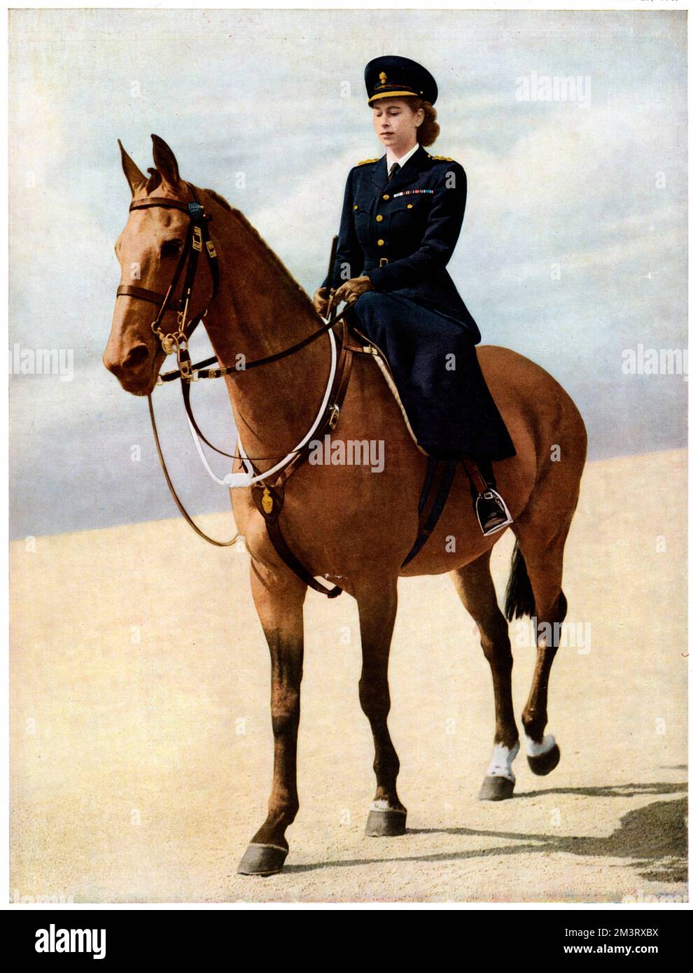 Queen Elizabeth II, then Princess Elizabeth, in a specially designed uniform as Colonel of the Grenadier Guards on horseback at the Trooping of the Colour ceremony in June 1947, the first time it had taken place in seven years.  She wore a specially designed habit and dark blue jacket with brass button, and  peaked cap bearing the badge of her regiment.       Date: 1947 Stock Photo