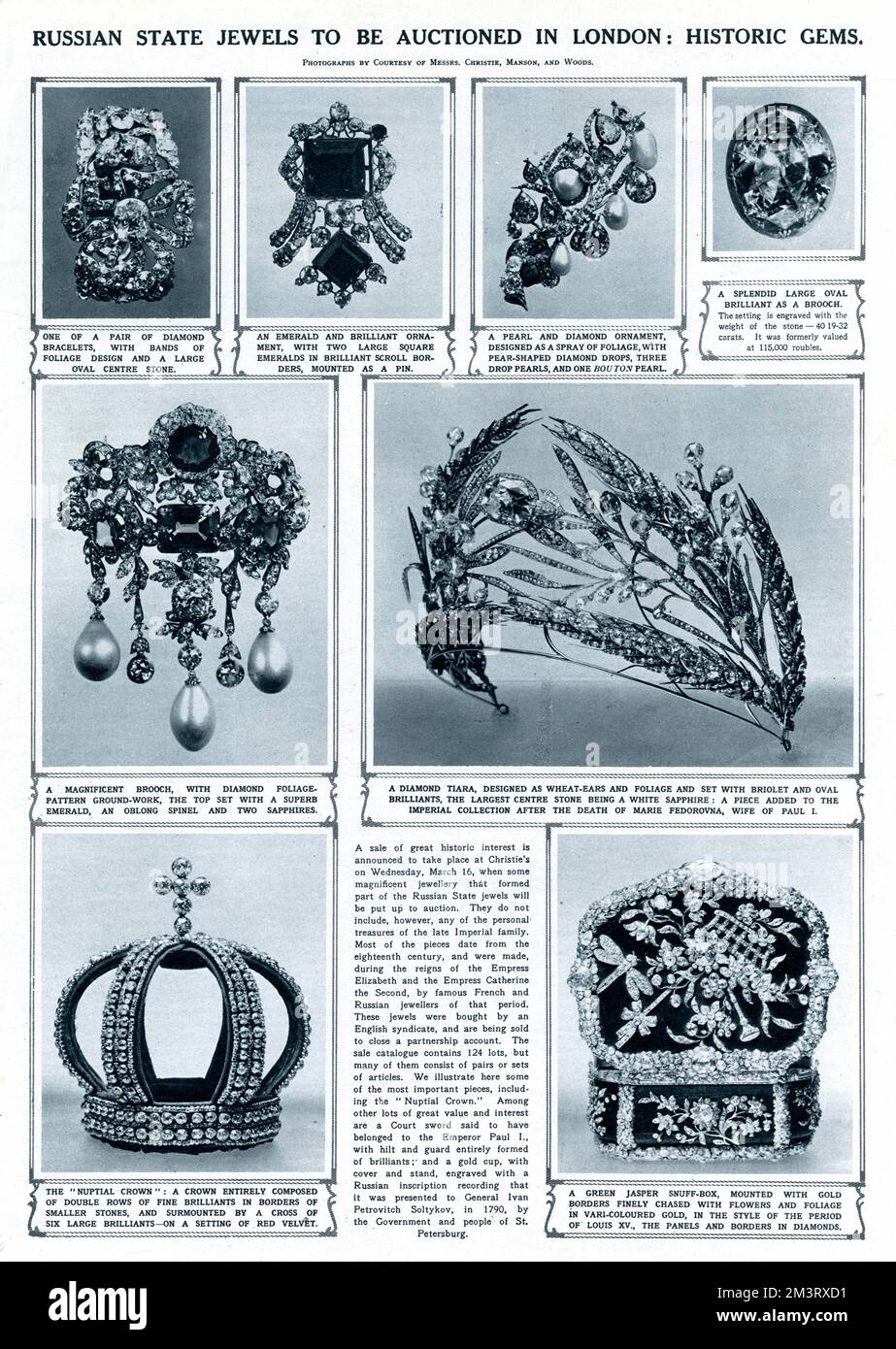 Page from The Illustrated London News reporting on a sale of magnificent jewellery forming part of the Russian state jewels, which were auctioned at Christies in 1927.  Most of the pieces dated back to the eighteenth century, and were made during the reigns of Empress Elizabeth and the Empress Catherine the Second.  Illustrated here are some of the most important pieces including (bottom left), the Nuptial Crown, an exquisite diamond tiara and a number beautiful brooches.       Date: 1927 Stock Photo