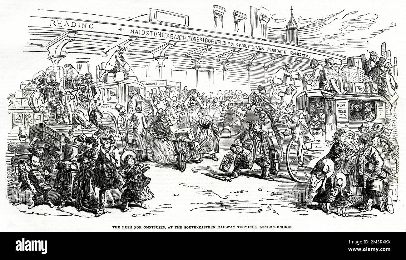 The Great Cab Strike: The rush for omnibuses, at the South-Eastern Railway Terminus, London Bridge.     Date: 1853 Stock Photo