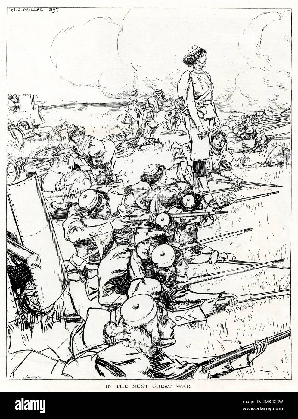 Hypothetical depiction of 'the next great war', showing an army made up entirely of female soldiers riflemen and artillery, one of which lies dead on the grass. Presumably a comment on the changing social role of women in the 19th century and their increased importance outside the domestic sphere.      Date: 1897 Stock Photo