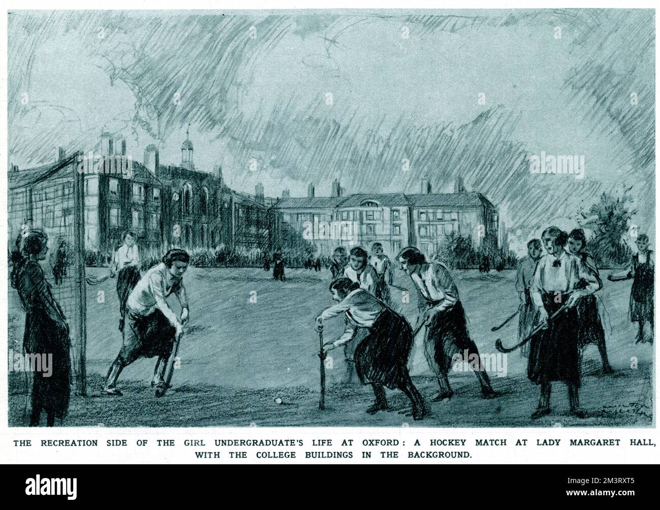 Undergraduate female students playing a hockey match at Lady Margaret Hall, Oxford on a field, with the college buildings in the background. Lady Margaret Hall was established in 1879 and admitted women for the first time to Oxford University for tertiary education. This image forms part of a larger article on recreational activities for girls at Oxford which remarks that 'the girl undergraduate's life is very like that of her masculine contemporary'.     Date: 1920 Stock Photo