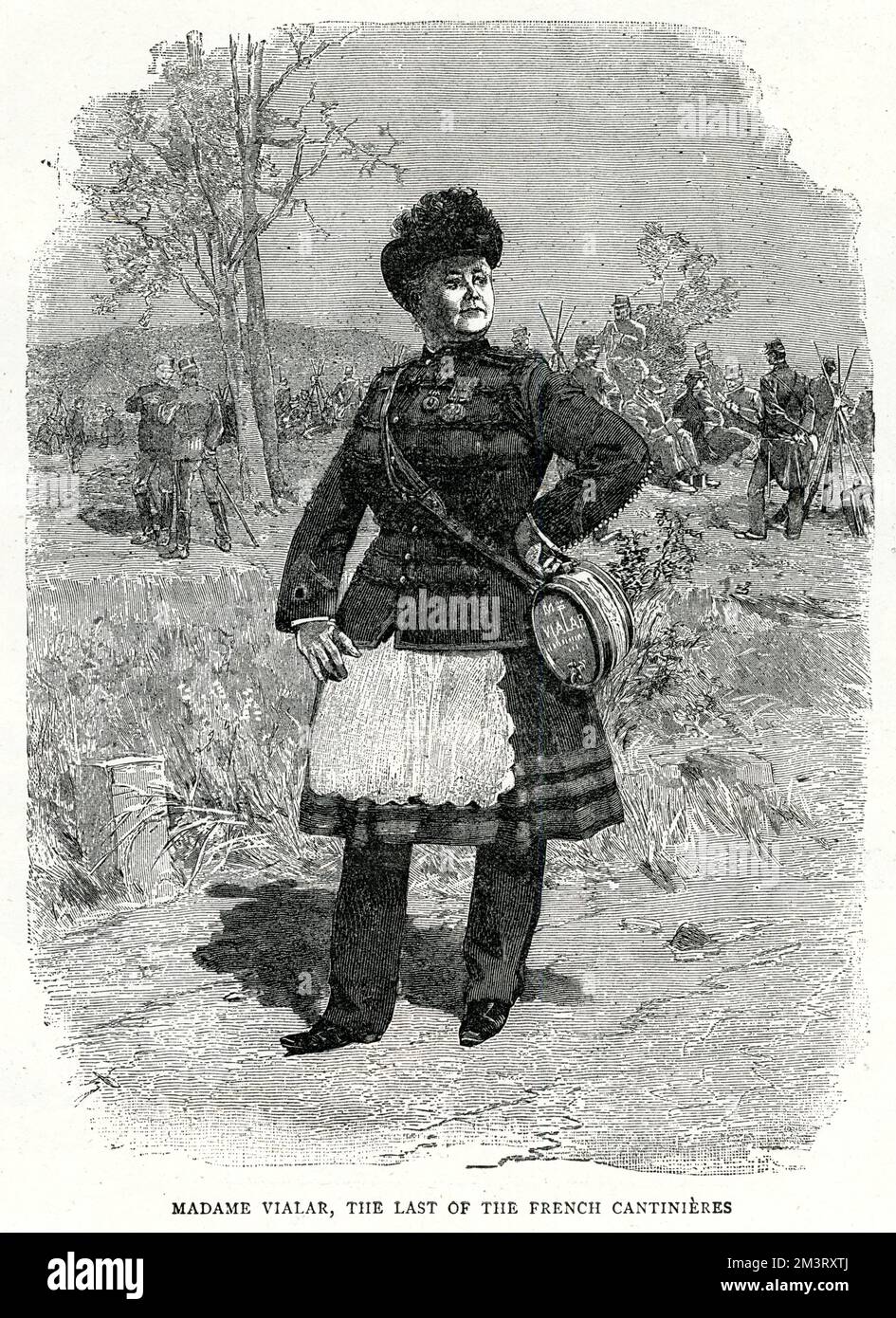 French cantiniere, named as Madame Vialar, striking a distinctly sassy pose which well displays her two medals; the military medal and the Crimean medal, during the first Franco-Dahomean War. The Graphic titles this image 'Madame Vialar, the last of the French cantinieres' and the accompanying article reports on uniform changes in the French army which would replace the distinguished uniform of a cantiniere with plain black dress, romanticising the relationship between the woman's uniform, ability to carry out her work and standing in the army.      Date: 1890 Stock Photo