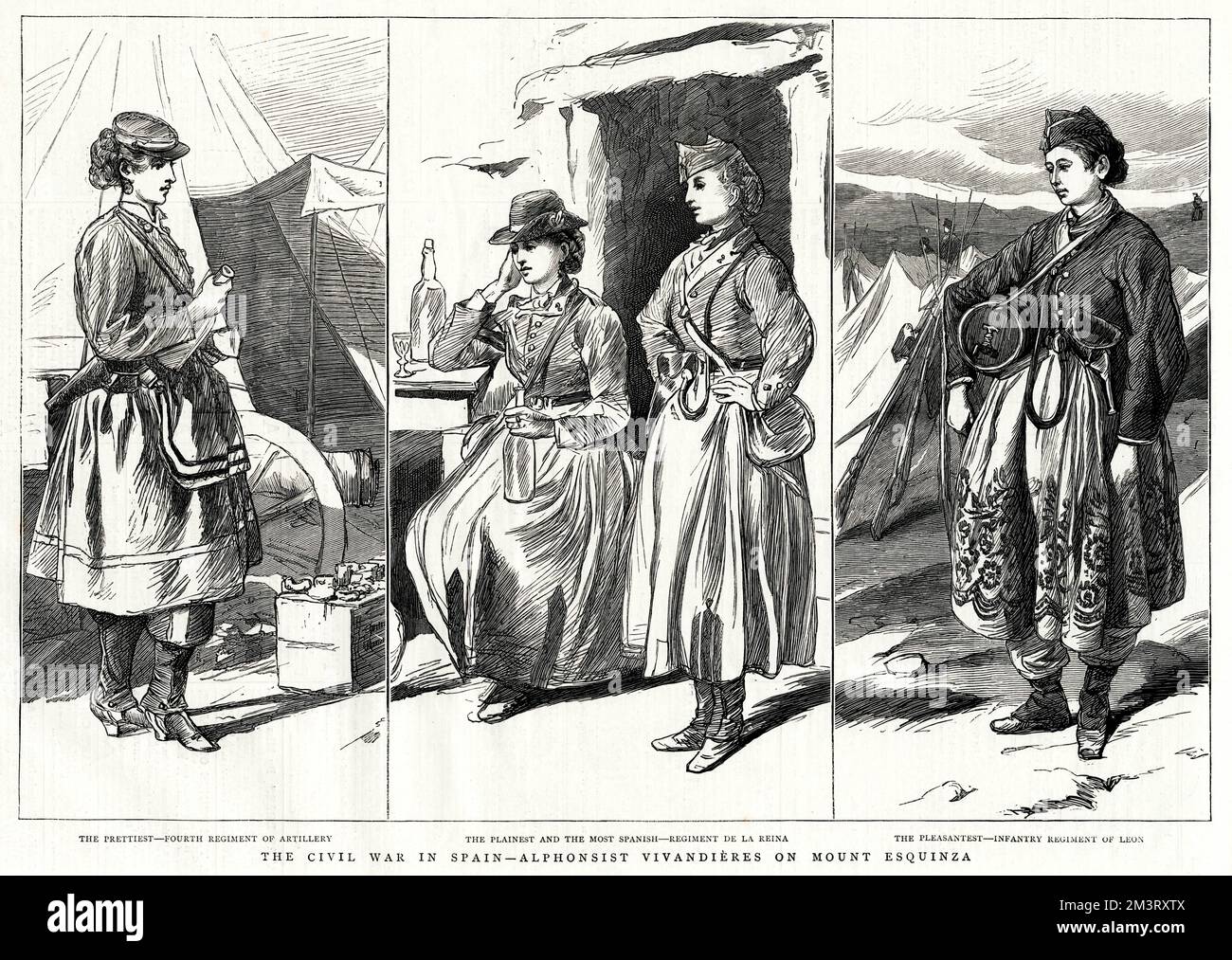 Three sketches of female Alphonsist vivandieres from different regiments, shortly after the restoration of the Bourbon monarchy under Alphonso XII in Spain, December 1874.      Date: 1875 Stock Photo