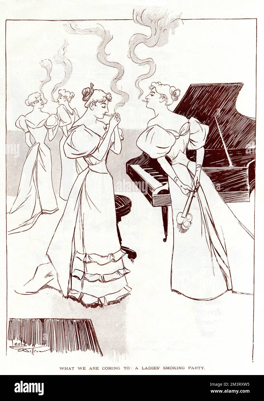 Illustration of an all-female smoking party, captioned 'what we are coming to: a ladies' smoking party', in reference to the changing social standards for women in Britain.      Date: 1894 Stock Photo