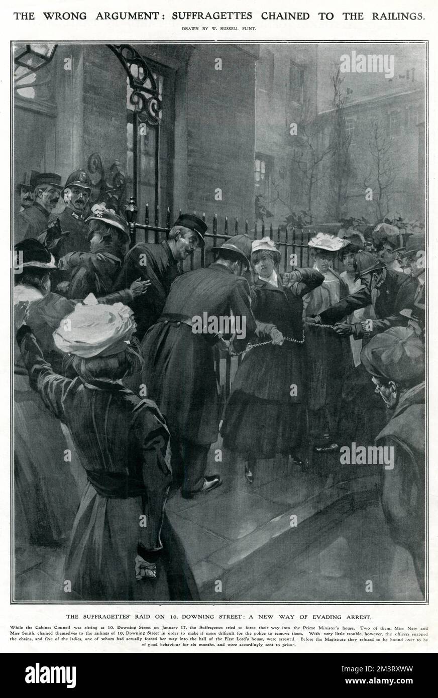 Police officers removing Edith New and Olivia Smith from the railings of 10. Downing Street. The image is interestingly captioned, describing the actions of the suffragettes as a 'raid' and clarifying that it was with 'very little trouble' that the police were able to break the chains and arrest the two women. Ms New and Ms Smith chained themselves and shouted 'votes for women' as a distraction while fellow suffragettes Flora Drummond and Mary Macarthur attempted to enter the cabinet meeting taking place at the time.      Date: 1908 Stock Photo