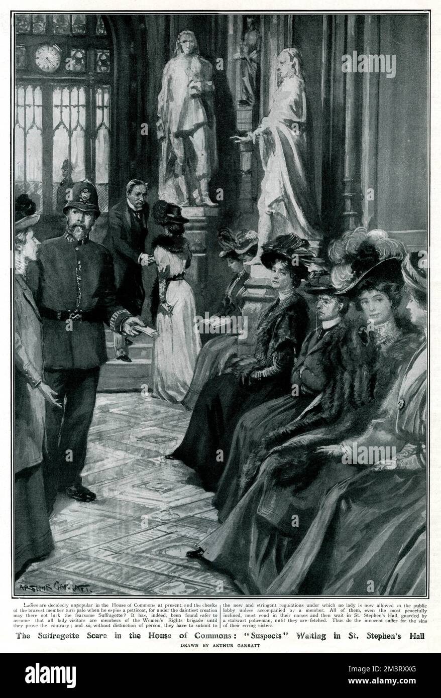 Women waiting to be 'fetched' in St Stephen's Hall, guarded by policemen, as a result of concerns over the actions of the Suffragettes in the House of Commons. Under the new 'stringent' regulations no woman was allowed into a public lobby unless accompanied by a member of the House and all women would have to wait in the Hall until a man came to vouch for their peaceful intentions and accompany them further. The article describes a 'Suffragette Scare in the House of Commons' and remarks on how  'the innoccent suffer for the sins of their erring sisters'.      Date: 1908 Stock Photo