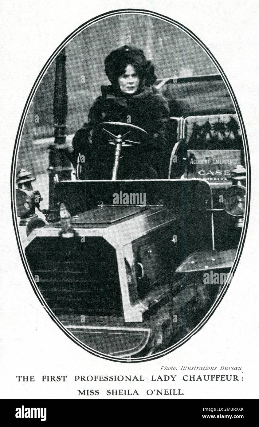 Sheila O'Neill, the first professional female chauffeur in London, photographed in her car, with a medical accident emergency case on the seat next to her that reads 'Miss Sheilah O'Neill'. The Illustrated London News summarises Miss O'Neill's career. describing her role as a nurse in the Boer War.      Date: 1909 Stock Photo