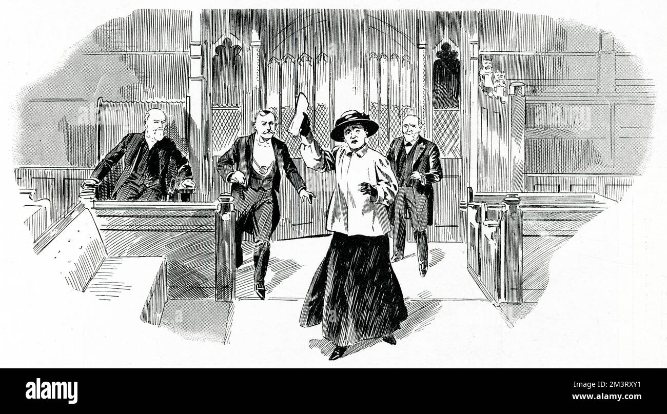 Margaret Travers Symons (1879 - after 1951), suffragette, the first woman to speak in the House of Commons, who made her way in after running past policeman,  Mr Idris into the chamber, during the 'rush' of the House of Commons. Mrs Travers is shown in front of three evidently surprised men, the Sergeant-at-Arms, an attendant who will escort her out and Mr Idris.      Date: 13 October 1908 Stock Photo