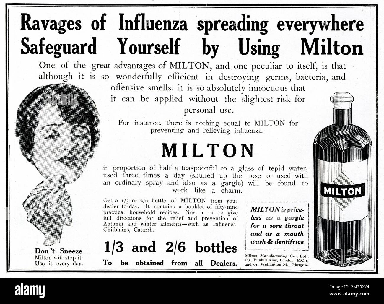 Advertisement for Milton sterilising fluid, recommended for preventing and relieving influenza at a time when Spanish flu was rapidly spreading across the world.    1918 Stock Photo