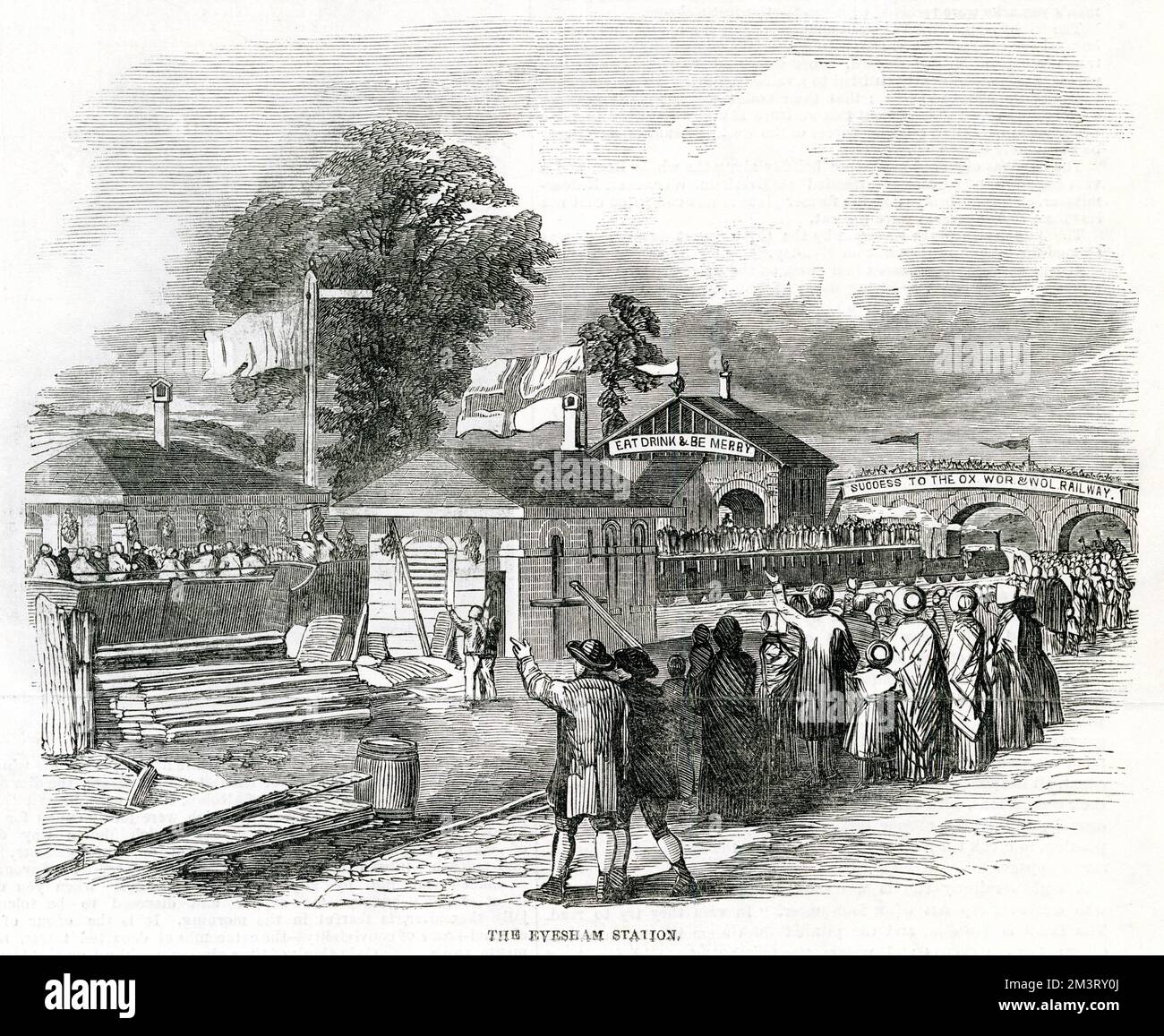 Railway station at Evesham, Worcestershire, on the occasion of its opening.      Date: 1852 Stock Photo