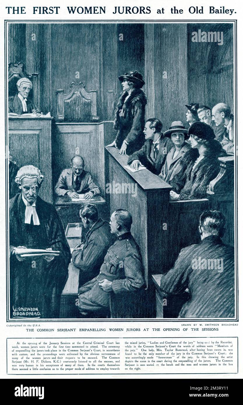 The empanelling for the first mixed jury, with its forewoman Mrs Taylor Bumstead.      Date: 1921 Stock Photo