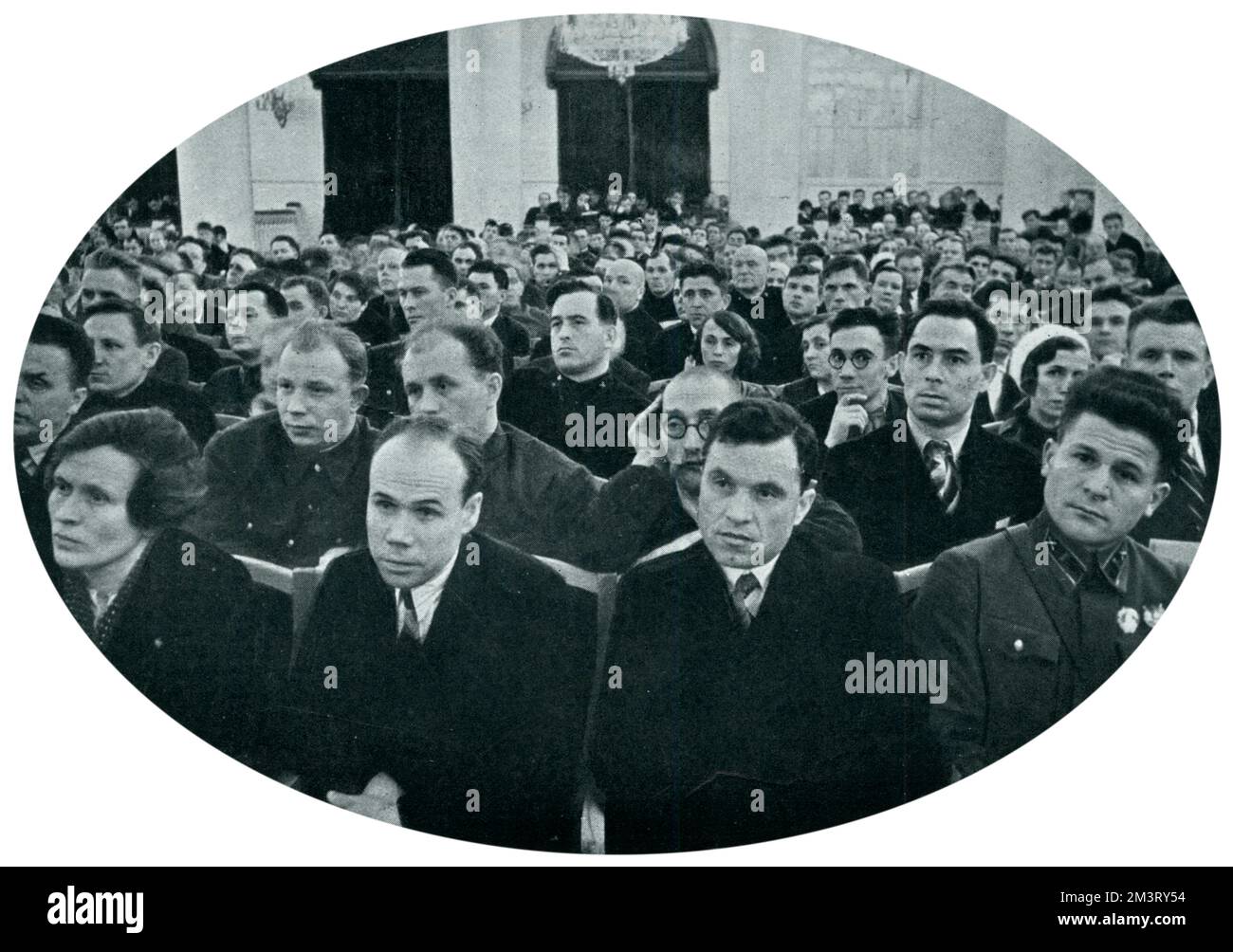 Meeting of the Communist party of the Soviet Union in Moscow. This image is part of an article titled; &quot;The Communist Friends of the Nazis&quot;, in reference to the signing of the Molotov-Ribbentrop pact in August. The Sphere remarks on the &quot;different physiognomy of Russia's new rulers&quot;.     Date: 1939 Stock Photo