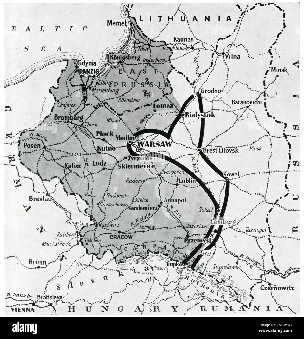 Map of Poland showing the progress of the German invasion. The thick black line represents the Polish line of defence at the time of printing, while the border between the darker tint and lighter tint shows their line from the week before. The dark tint represents the territory taken by Germany a week or more before printing and the lighter tint, territory fallen to Germany most recently. Looking on the other side of the Polish defence line, now a mere loop around the Warsaw area, the lightest tint represents the territory taken by the &quot;rescuing&quot; Russian forces. The Sphere describes Stock Photo