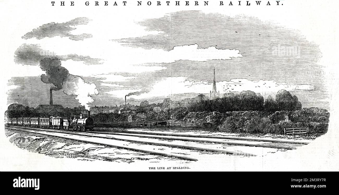 The Great Northern Railway at Spalding, Lincolnshire. Spalding station opened in 1848, and was renamed Spalding Town later the same year.      Date: 1848 Stock Photo