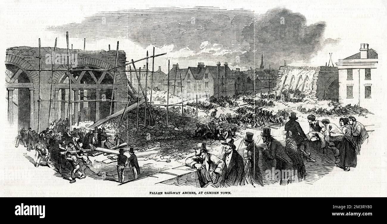 Railway construction accident at Camden Town, NW London, when some newly constructed arches collapsed on the western side of Kentish Town Road. Fortunately the collapse took place early on a Sunday morning, and no-one was hurt.      Date: 1849 Stock Photo