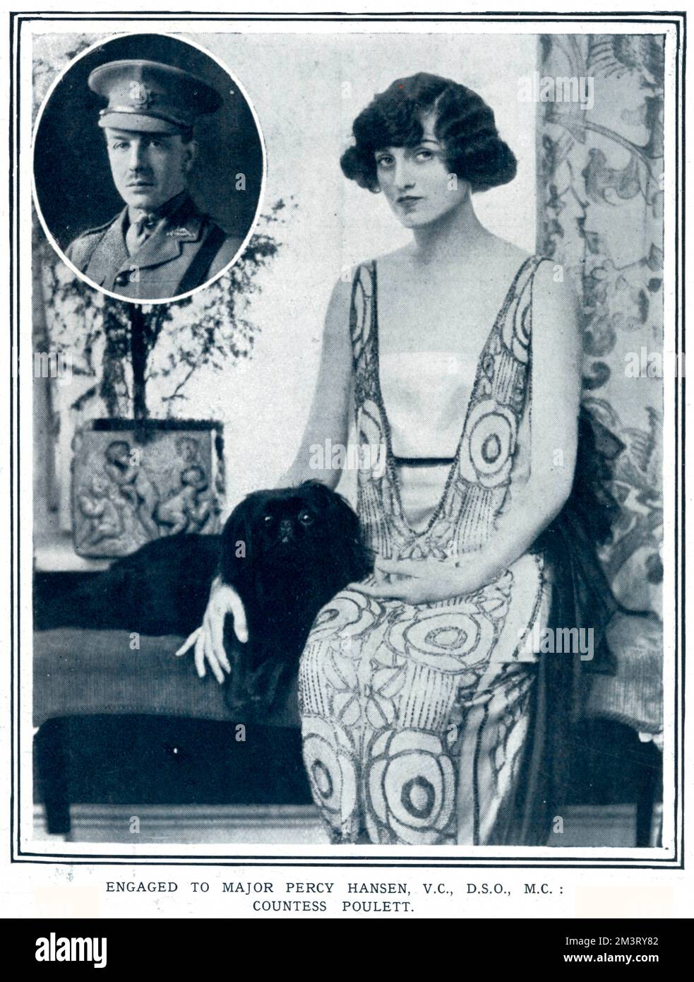 Countess Poulett, formerly stage star Miss Sylvia Storey, photographed after the announcement of her engagement to Major Percy Hansen. Storey was formerly married to the seventh Earl Poulett in 1908 with whom she had two children, although he died in 1918 of Spanish influenza. The marriage between Countess Poulett and Major Hansen never took place, possibly because the financial benefits she recieved on account of her first husband's will depended on her being unmarried.      Date: 1921 Stock Photo