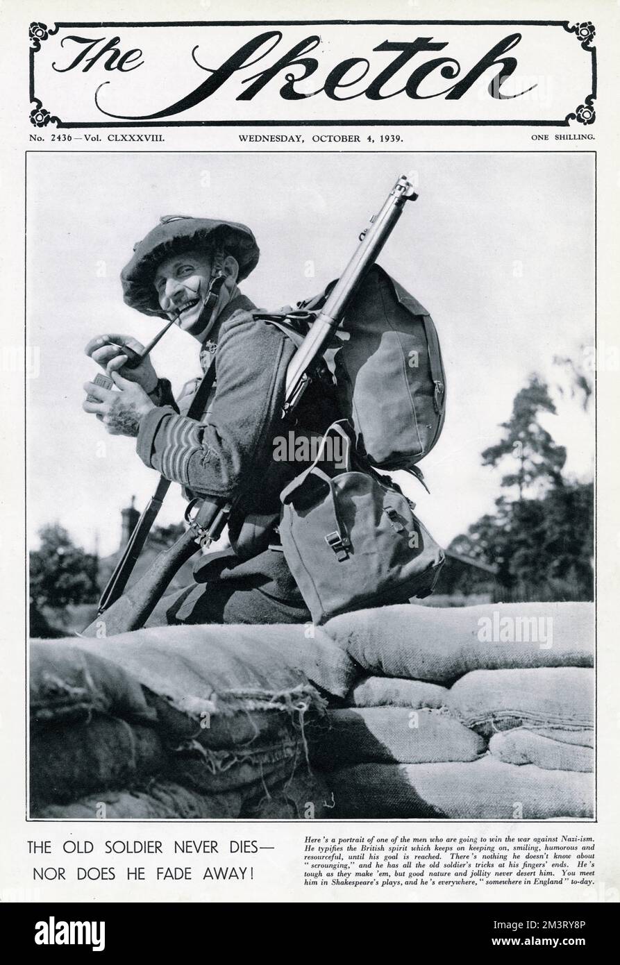 Front cover of The Sketch featuring a photograph of a jolly British soldier, complete with pipe and waxed moustache.  He's even sitting on a pile of sandbags.  The Sketch says, 'he typifies the British spirit which keeps on keeping on, smiling, humorous and resourceful.'     Date: 1939 Stock Photo