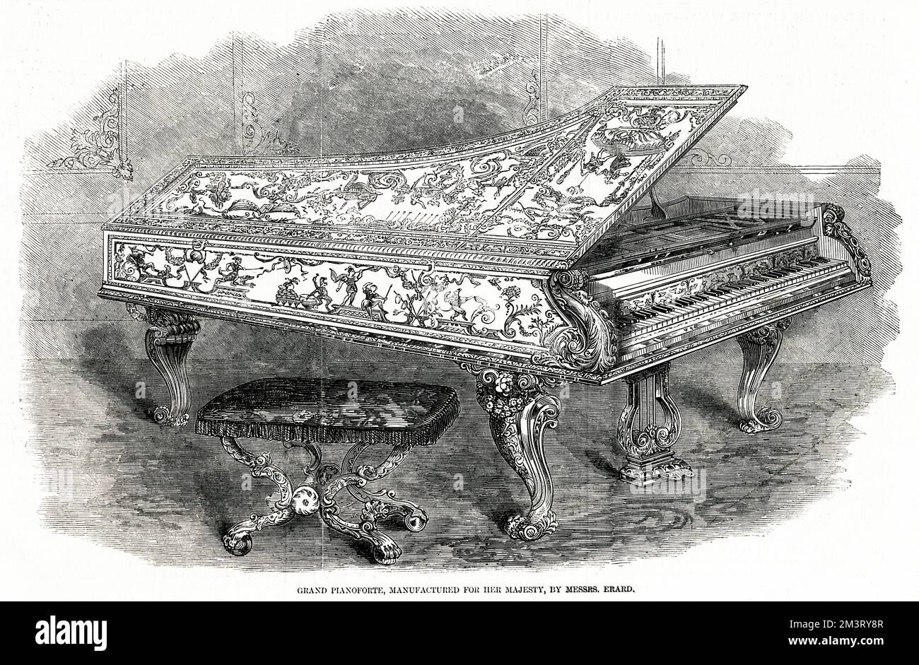 Grand Pianoforte, mouldings and rim of piano of bronze, chased and gilt, manufactured for Her Majesty, Queen Victoria, by Messers S &amp; P Erard, for the concert room at Buckingham Palace.     1856 Stock Photo