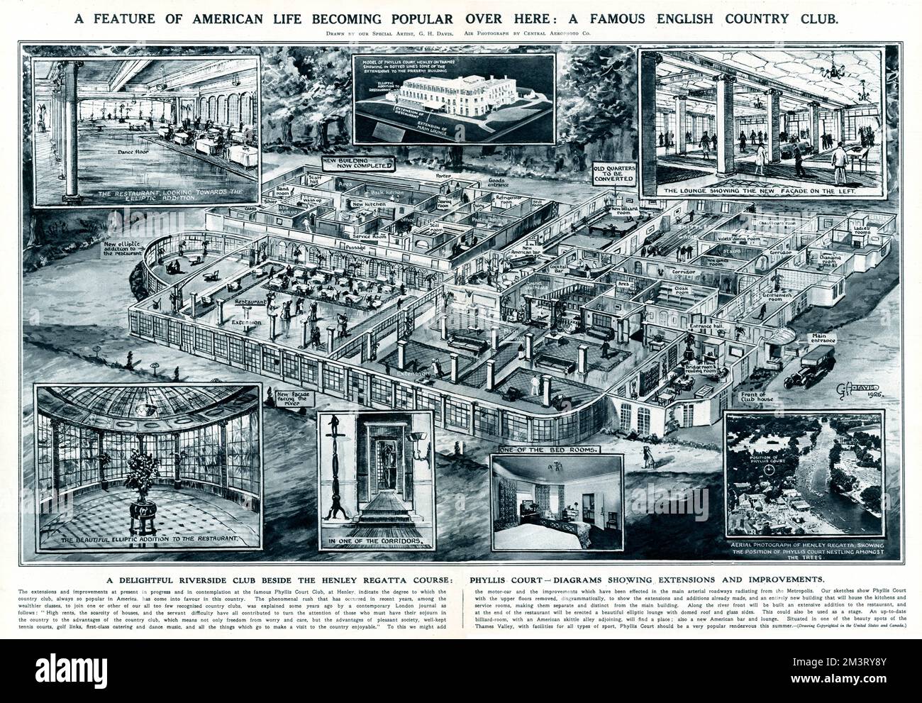 Detailed diagrammatic illustration by G. H. Davis in The Illustrated London News of Phyllis Court, a so-called riverside 'country club' at Henley, showing extensions and improvements made in 1926.  The ILN likens it to the American country club at a time when increasing car ownership and improved road networks was making motoring to entertainment complexes a fashionable pastime.  The inter-war period saw many existing inns, hotels and riverside clubs extend their facilities, while a number of 'roadhouses' began to appear along main arterial roads.  G. H. Davis's cross-section shows Phylli Stock Photo