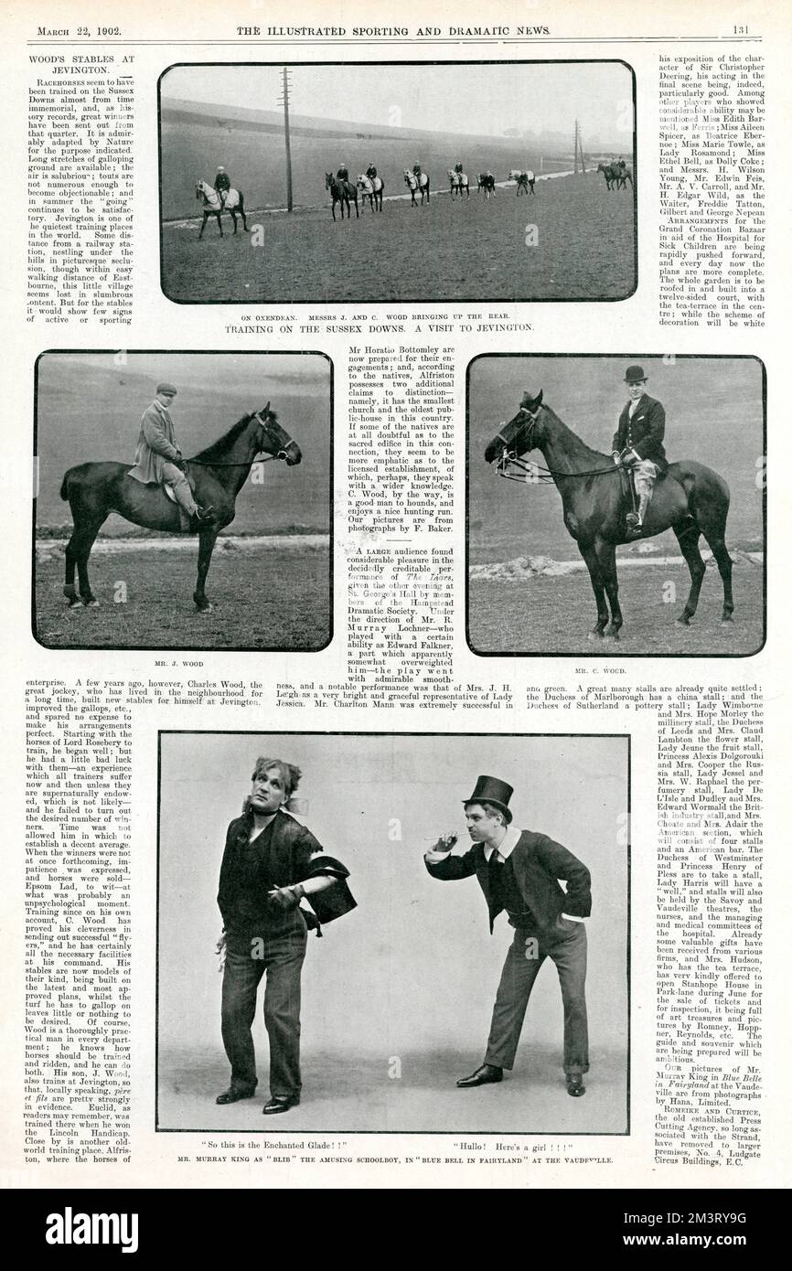 Training on the Sussex Downs - a visit to Jevington. Charles Wood's stables. And Murray King as 'Blib' the amusing schoolboy, in Blue Bell in Fairyland at the Vaudeville.     Date: 1902 Stock Photo